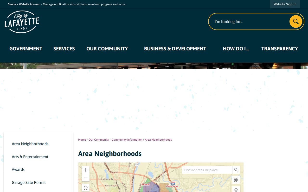 City of Lafayette area neighborhoods page for civic group research