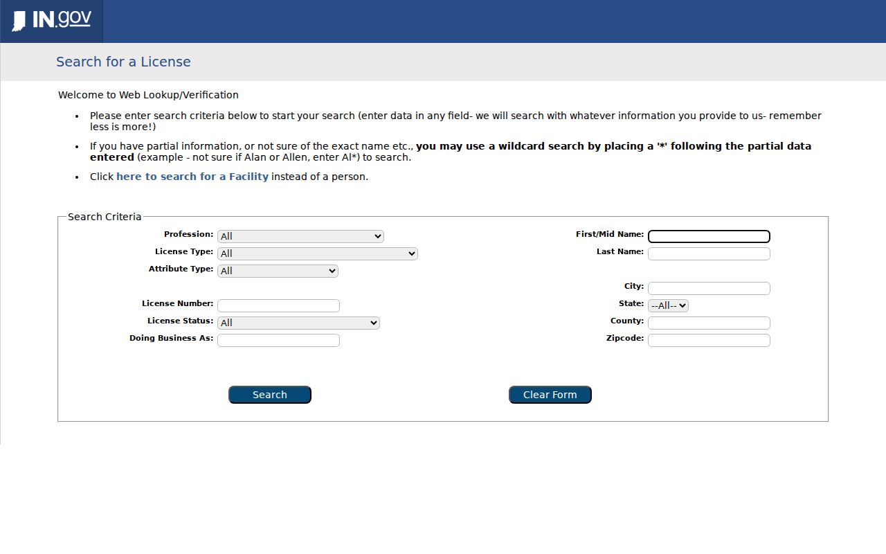Indiana professional license search fields used for a Lafayette resident lookup