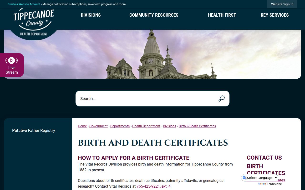 Tippecanoe County birth and death certificate access for Lafayette residents